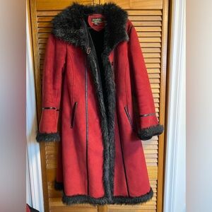 Red suede Faux-Fur Trimmed Long Coat - Women's